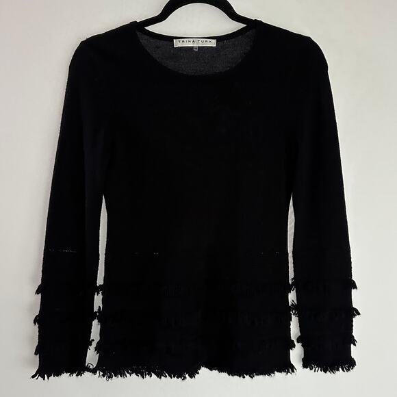 Trina Turk Crew Neck Fringe Long‎ Sleeve Merino Wool Sweater Black XS - Picture 2 of 7